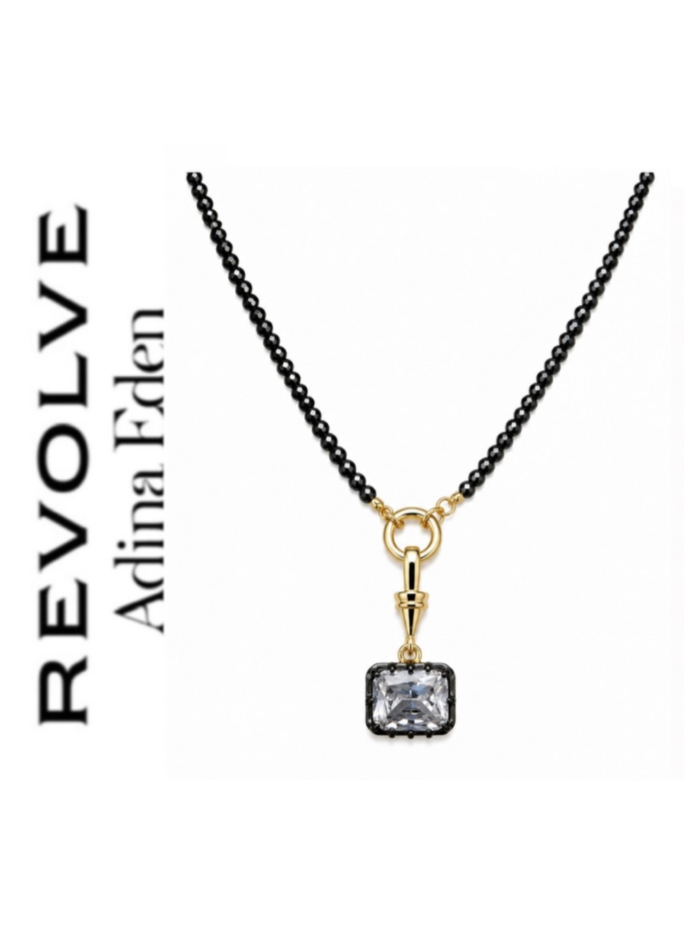 Revolve x Adina Eden Faceted Gunmetal Hematite Beaded Necklace Cushion Cut Charm